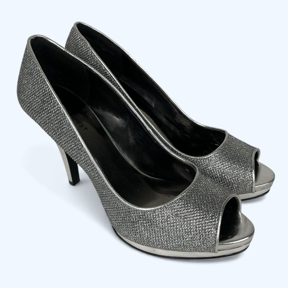 Nine West Danee Peep Toe Pumps Platform High Heels 7.5M Silver Glitter